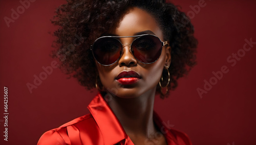 portrait of young african american woman with red sunglasses, beautiful makeup