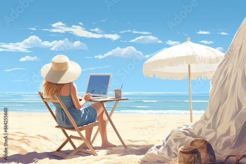 Young nomad women sitting on a Beach, working on the internet remotely at sunset, Traveling with a computer. © inthasone