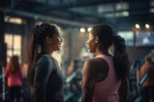 Two Women Fitness Enthusiasts Posing and Smiling for a Photo. Fictional characters created by Generated AI. © shelbys
