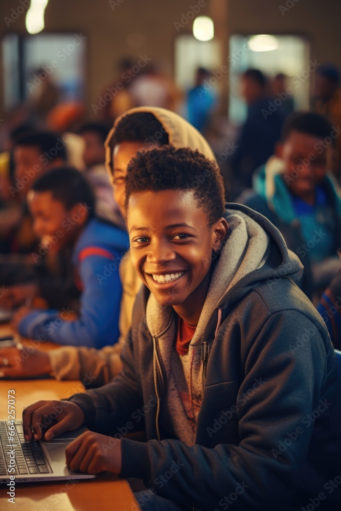 A positive and bright young man among his peers in a classroom setting. Fictional characters created by Generated AI. A positive and bright young man among his peers in a classroom setting. Fictional characters created by Generated AI.
