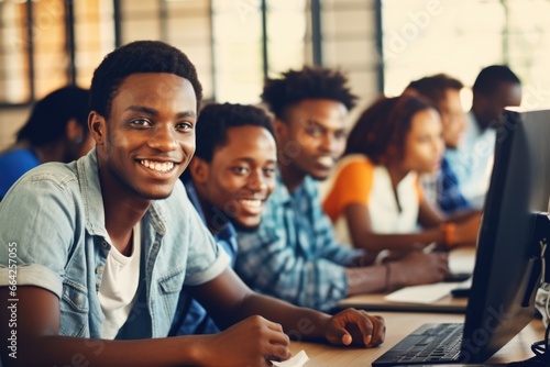 A classroom of smiling students working together on their laptop computers. Fictional characters created by Generated AI.