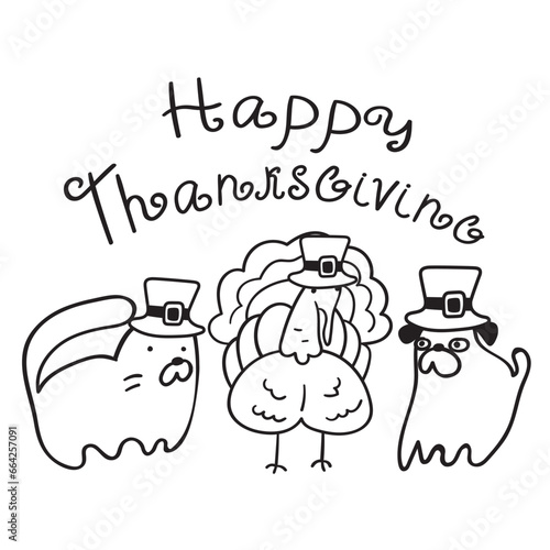 Cat, dog and turkey bird. Happy Thanksgiving. Outline design. Vector illustration