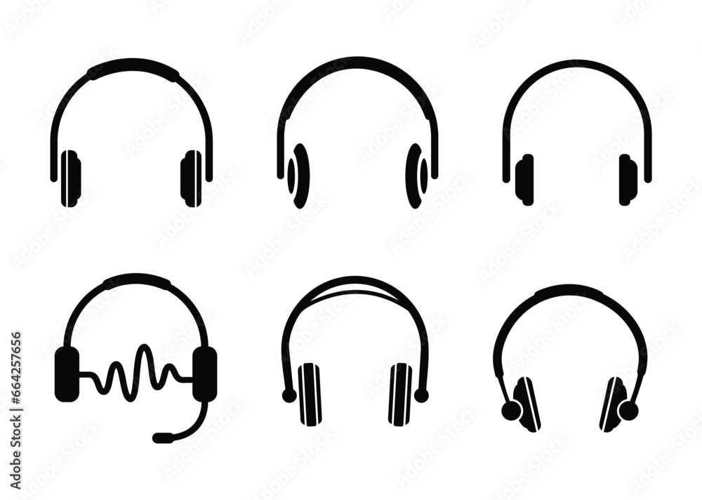 Headphone icon set. headset, earphone audio, music, sound, wireless, digital, device, equipment, icons. Black solid icon collection. Vector illustration