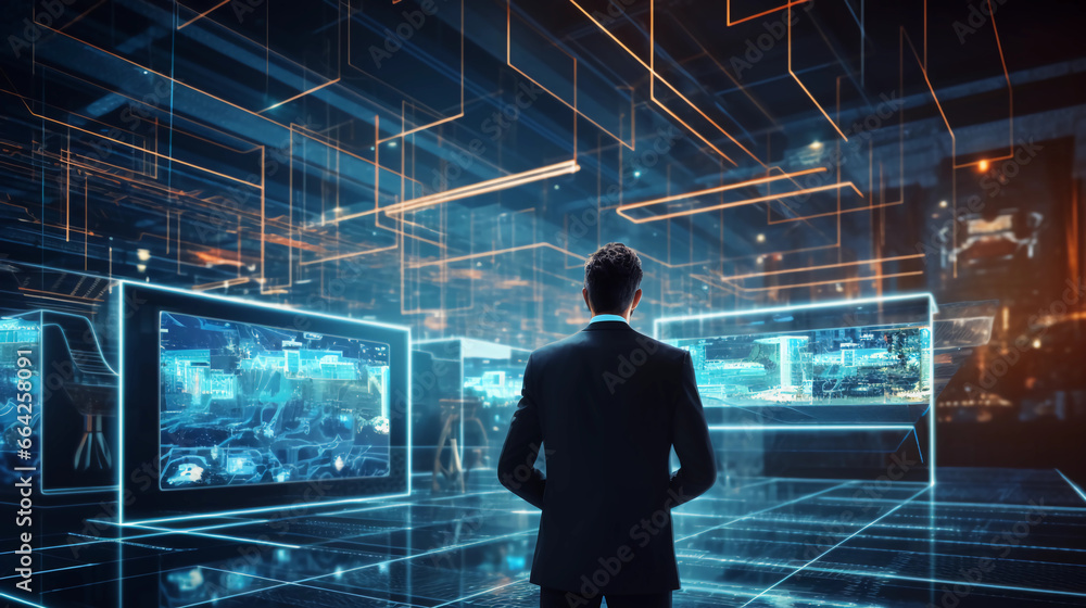 Digital graphics Futuristic 3D Concept, Big Data Center Woman Chief Technology Officer Using Laptop Standing In Warehouse, Information Digitalization Lines, technology and data, Generative AI. Digital graphics Futuristic 3D Concept, Big Data Center Woman Chief Technology Officer Using Laptop Standing In Warehouse, Information Digitalization Lines, technology and data, Generative AI.