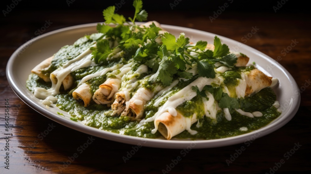 An overhead view of Enchiladas Verdes on a plate. The dish consists of tender shredded chicken, smothered in tangy green sauce and generously topped with melted cheese. An overhead view of Enchiladas Verdes on a plate. The dish consists of tender shredded chicken, smothered in tangy green sauce and generously topped with melted cheese.