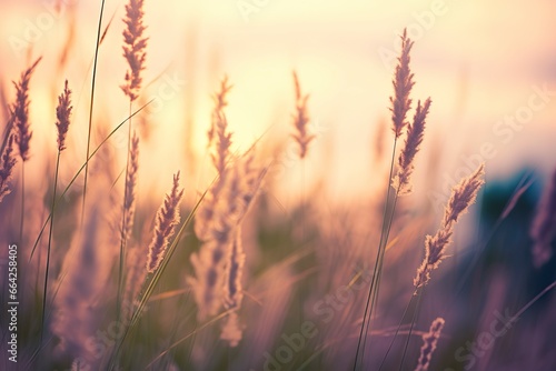 Wild grass in the forest at sunset. Abstract summer nature background.