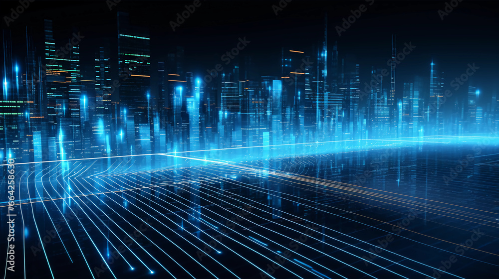Abstract digital graphics Futuristic 3D Concept, AI and Big Data Technology background, cityscape, Information Digitalization Lines, Generative AI. Abstract digital graphics Futuristic 3D Concept, AI and Big Data Technology background, cityscape, Information Digitalization Lines, Generative AI.