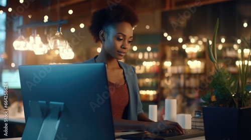 African American woman working on a laptop in a bright room. Fictional characters created by Generated AI.