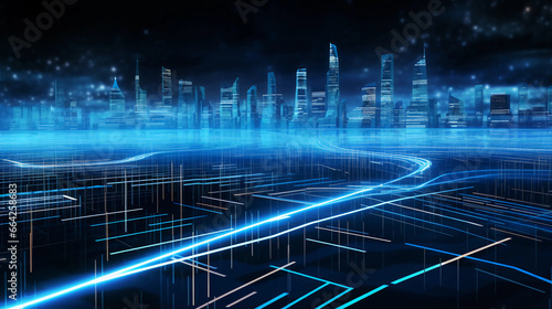 Abstract digital graphics Futuristic 3D Concept, AI and Big Data Technology background, cityscape, Information Digitalization Lines, Generative AI.
