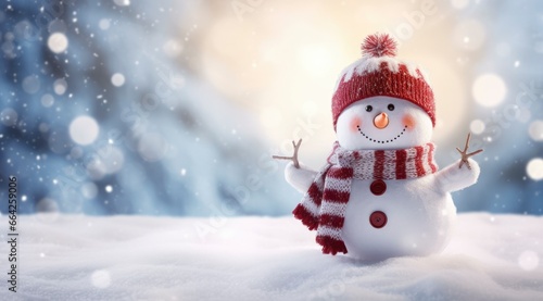 Happy snowman in the winter scenery. © AbdulHamid
