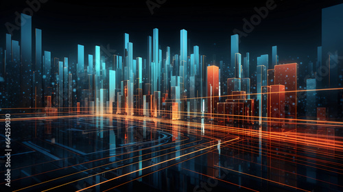 Abstract digital graphics Futuristic 3D Concept, AI and Big Data Technology background, cityscape, Information Digitalization Lines, Generative AI. © Sunshinemeee