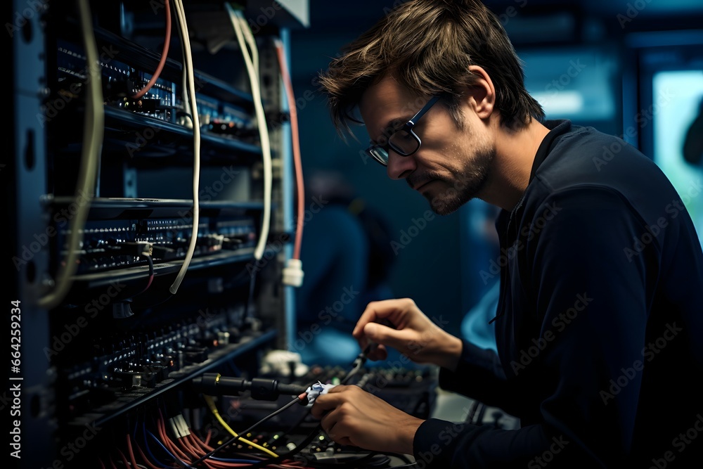 IT technician working on computer and server in a server room IT technician working on computer and server in a server room