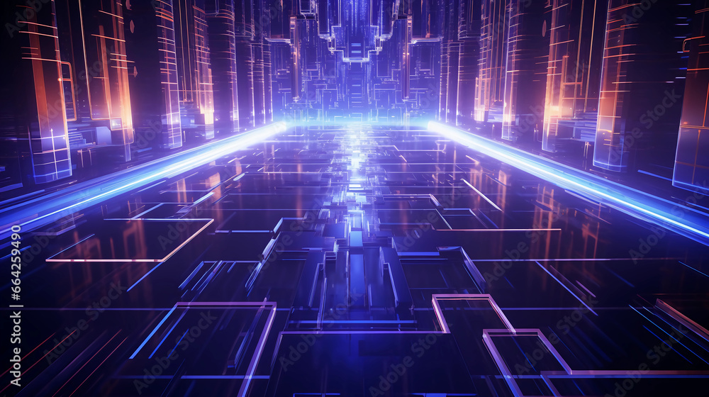 Abstract digital graphics Futuristic 3D Concept, AI and Big Data Technology background, cityscape, Information Digitalization Lines, Generative AI.
