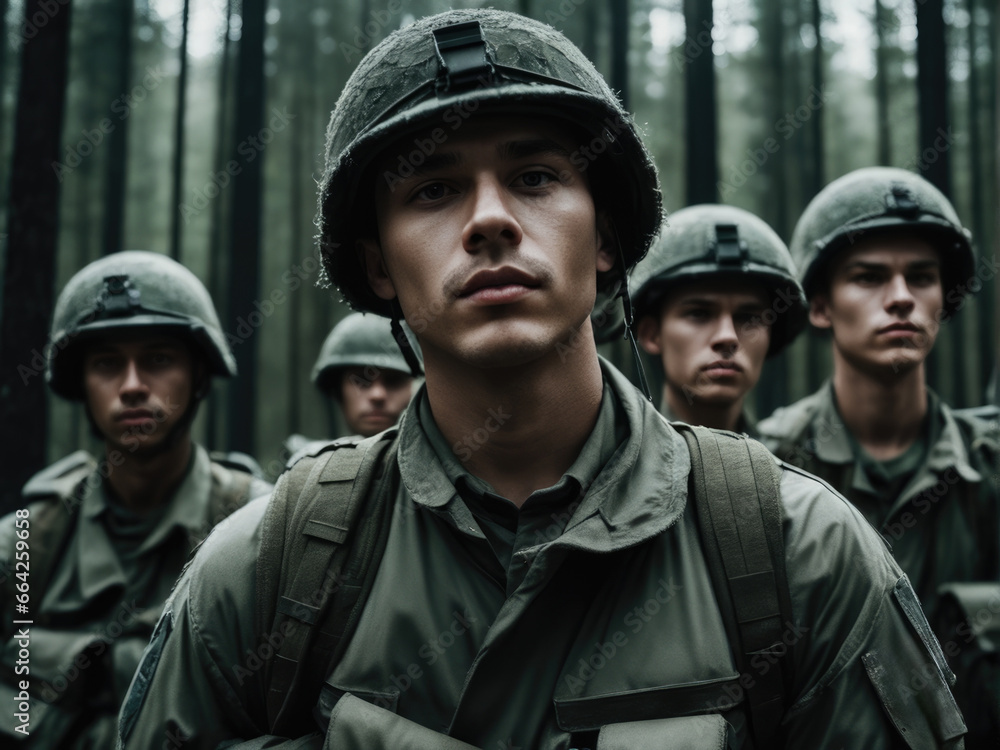 Fototapeta premium Group of young soldiers in military uniform in a forest