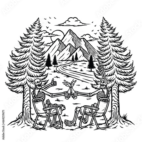 enjoying beer with friends in the mountains line illustration