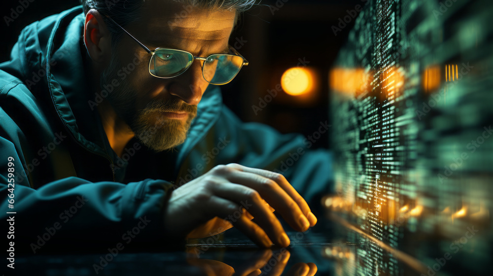 Hacker. Data Heist: Cinematic close-up of a hand rapidly typing, with lines of code reflecting in the man's glasses. Hacker. Data Heist: Cinematic close-up of a hand rapidly typing, with lines of code reflecting in the man's glasses.