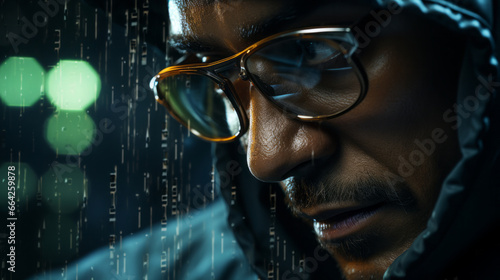 Hacker. Data Heist: Cinematic close-up of a hand rapidly typing, with lines of code reflecting in the man's glasses.