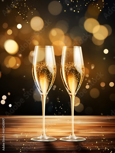 Two glasses of sparkling champagne on blurred background with lights