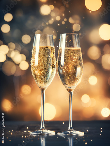 Two glasses of sparkling champagne on blurred background with lights