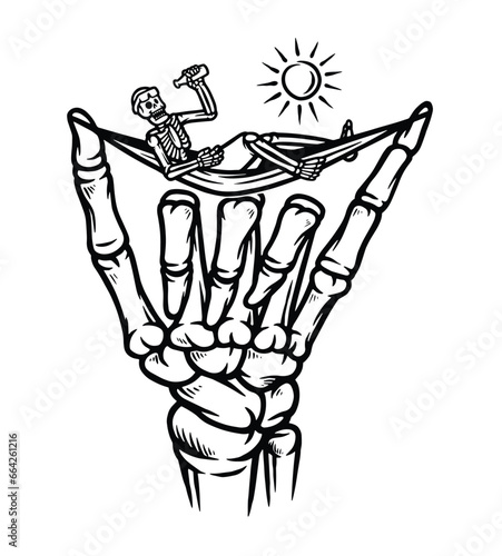 skeleton and chill hand sign line illustration