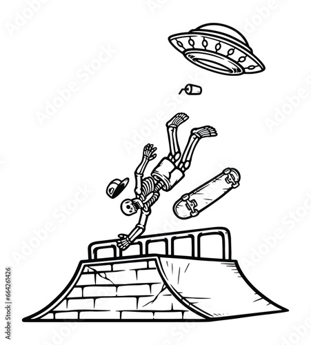 skateboarder attacked by ufo line illustration
