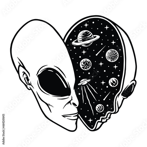 outer space inside an alien head line illustration