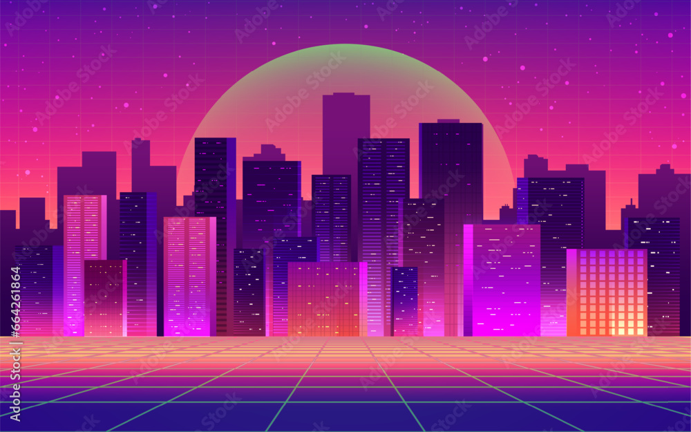 Futuristic night city with technological light grid background. Digital futurist cyber downtown space design, cyberpunk technology, Town virtual reality, science fiction matrix, vector illustration