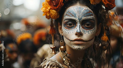 Day of the Dead in Mexico. Street festival atmosphere. Themed parties. People celebrating.