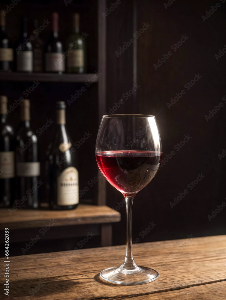Glass of red wine on wooden table in wine cellar with bottles in background
