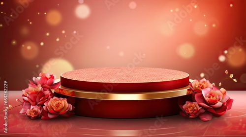 Luxury red  gold Asian podium with flower on the red glitter background AI Generative