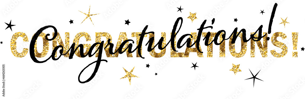 CONGRATULATIONS! gold glitter and black typography banner with stars on transparent background - obrazy, fototapety, plakaty 
