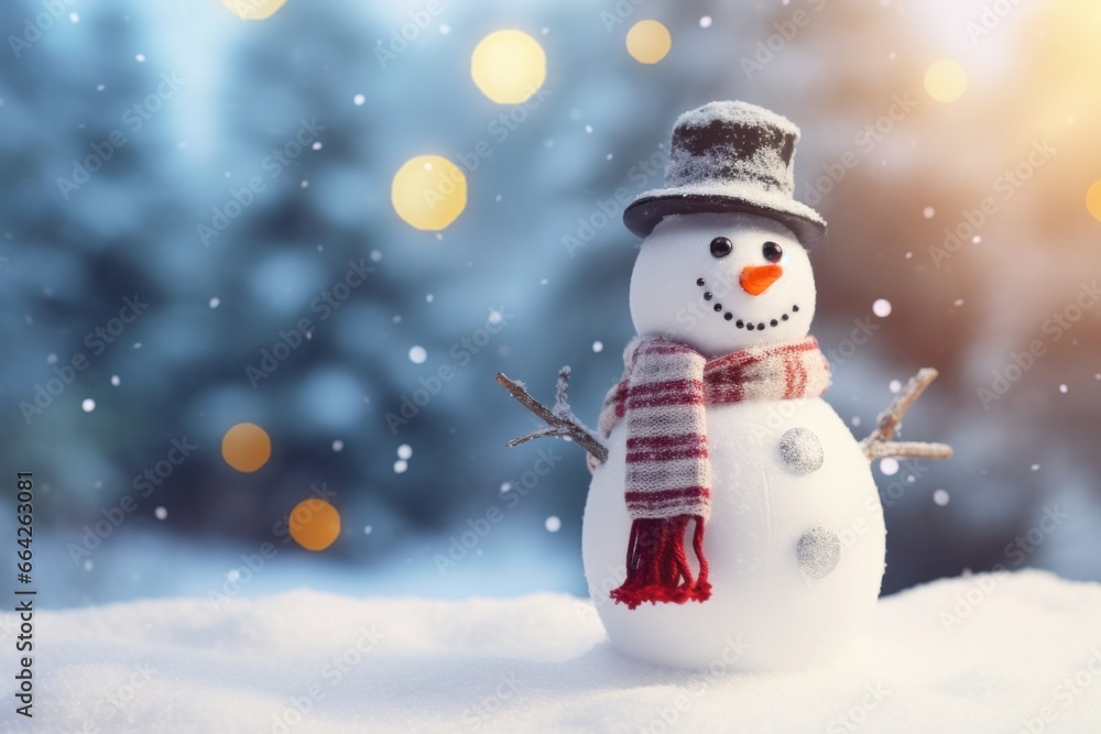 Christmas snowman on snow with snow and blurred background