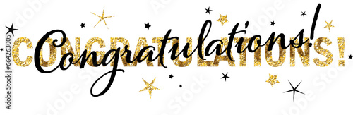CONGRATULATIONS! gold glitter and black typography banner with stars on transparent background