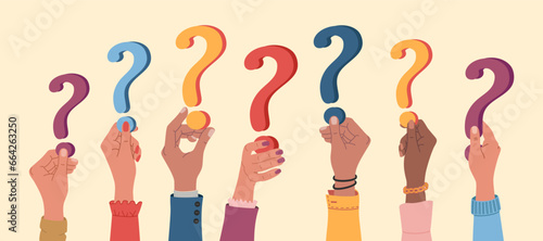 Human hands holding questions marks. FAQ and questions concept. Hand drawn vector vector illustration isolated on light background. Modern flat cartoon style.