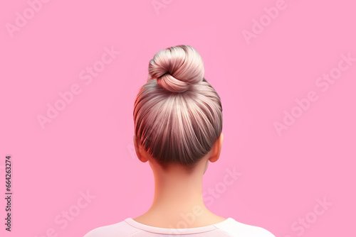 Modern hairstyle bun on pink hair back view close-up.