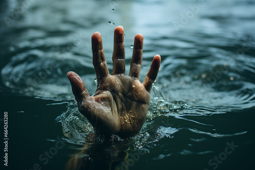 Hand over the surface of the water. A drowning man.