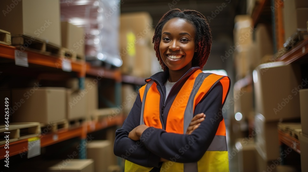 Fototapeta premium Worker in a warehouse, African woman in high visibility vest, arms crossed confident look, blurred shelves stacks background