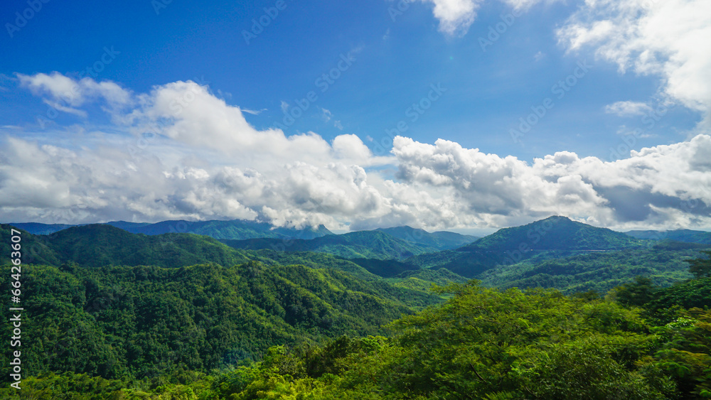 Beautiful mountain views of Khao Kho, Phetchabun province, Thailand. Panoramic background of high mountain scenery, overlooking the atmosphere, trees and wind blowing