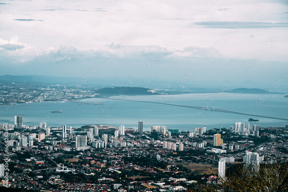 Panoramic scenery of Penang city sky line and city scape, George Town, Penang, the colorful, multicultural capital of the Malaysian island of Penang. Penang hill panoramic scenery