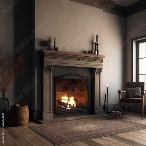 Classic interior of living room with birning fireplace