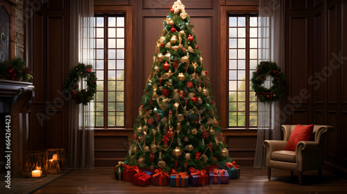 Emphasize the nostalgia of a classically decorated Christmas tree with antique ornaments, evoking the sentiment of holidays from years past.