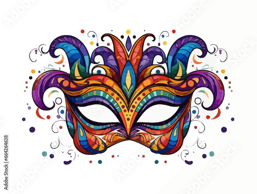 Doodle Mardi Gras mask with beads, cartoon sticker, sketch, vector, Illustration, minimalistic