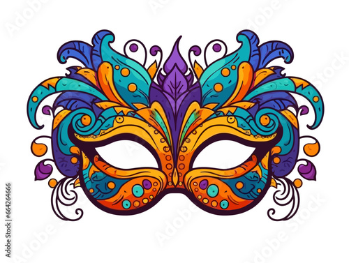 Doodle Mardi Gras mask with beads, cartoon sticker, sketch, vector, Illustration, minimalistic