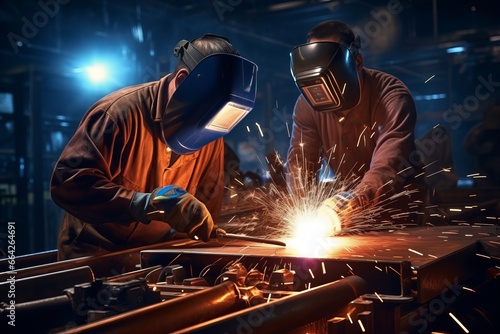 Workers and welders welding in the factory