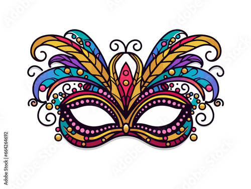 Doodle Mardi Gras mask with beads, cartoon sticker, sketch, vector, Illustration, minimalistic
