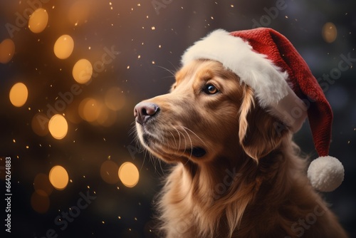 Christmas background with a cute dog wearing a Santa Claus hat.