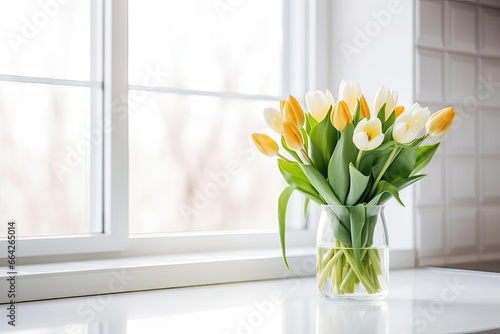 A bouquet of tulips on a white table. #664265014