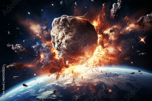 Impact of broken asteroid causes planetary blast explosion, signifying the end of the world and judgement day. Generative AI
