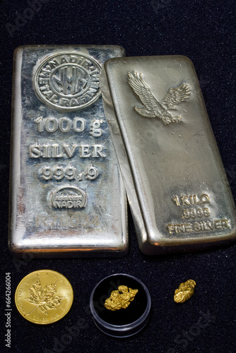 Two Kilo Silver Bullion Bars - One Ounce Gold Round - Two Natural Gold Nuggets
