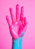 a person's hand in paint on a colored background, gesture, fingers, palm, deaf-mute language, art, artist, drawing, body art